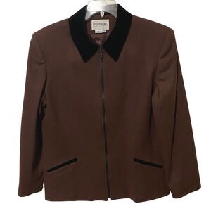 Women's Full Zip Brown Wool Jacket Size 16 Black Velvet Collar Trim Retro Career